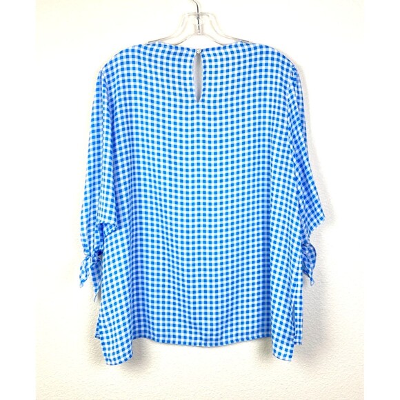 CeCe Women’s Blouse Size XL Blue White Checked Elbow Tie Sleeve Back Keyhole - Picture 3 of 5